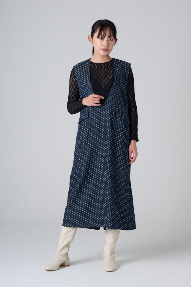 V-NECK DOTS DENIM DRESS