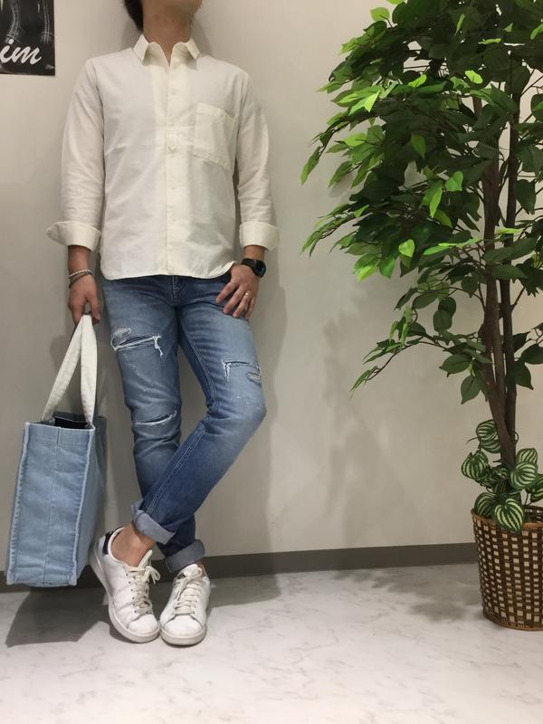 【モデル身長】175cm 【着用】 ポータブルシャツ：OFF WHITE / Lサイズ         セルヴィッチリメイクデニム：L–BLUE/ 30インチ 