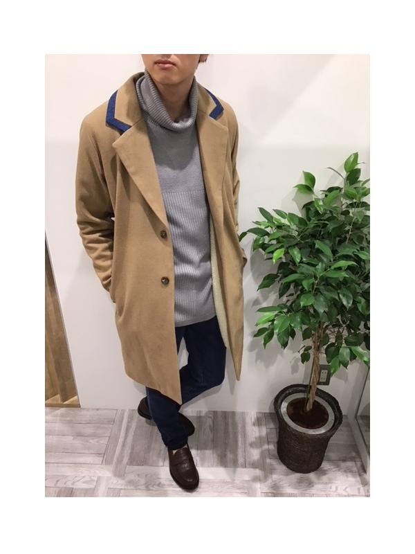 【モデル身長】 172cm  【着用】 デニムコンビメルトンチェスターコート / RTA180ACT062 / BEIGE / M  プレーティングタートルニット / RTA180AKN078 / GRAY / M  スティックパンツ / RTA180APT025，INDIGO，S 