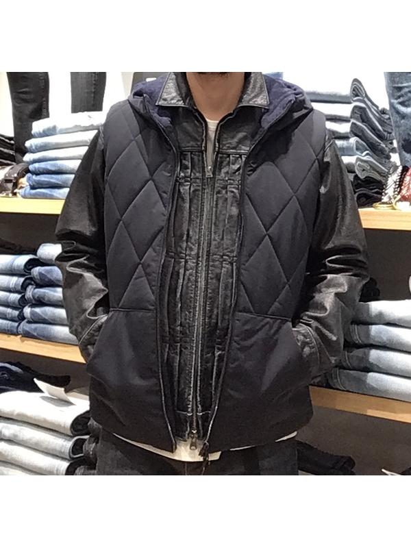 身長168cm  ウォッシャブルUSEDレザーGジャン / RTA180AJK002 / D-NAVY / M  ボアフーデットベスト / RTA180AJK063 / NAVY / M  