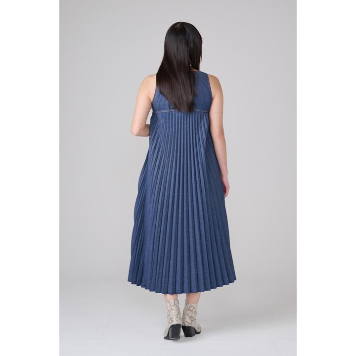 DENIM PANEL PLEATS DRESS
